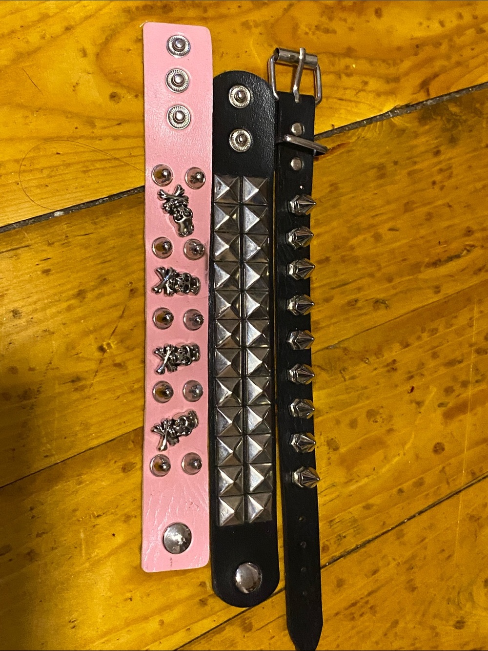 Studded Pink and Black Leather Bracelet Set